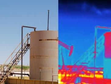 Split-screen view of oil well with infrared version on the right